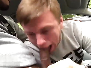 Deepthroating big uncut Russian cock in the car